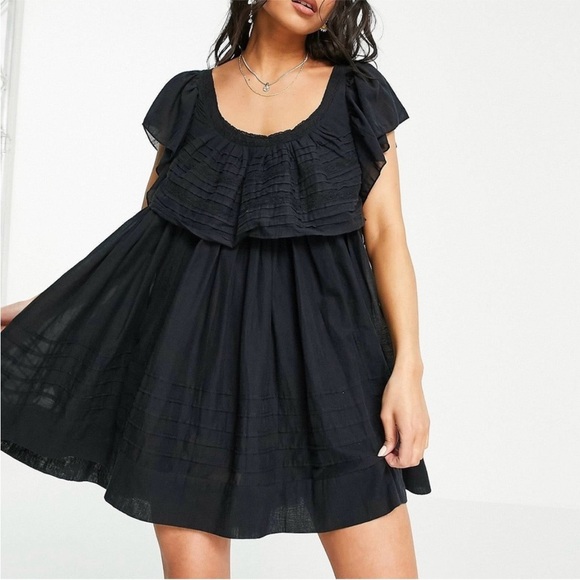 Free People Hailey Black Ruffle Babydoll Mini Dress - Picture 1 of 9